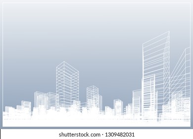 Abstract wireframe city background. Perspective 3D render of building wireframe. Vector illustration.