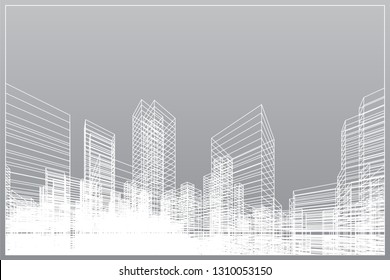 Abstract wireframe city background. Perspective 3D render of building wireframe. Vector illustration.