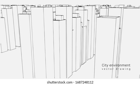 Abstract wireframe city background. Perspective 3D visualization of the building frame. Vector illustration. Architecture building. megapolis line illustration. Street with skyscrapers