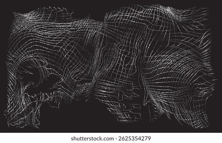 Composição abstrata em wireframe, uma forma dinâmica emergindo de uma tela digital escura, caracterizada pelo fluxo, linhas interconectadas e geometria de malha futurista em movimento.