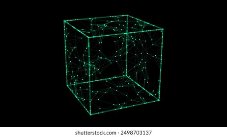 Abstract wireframe cube with connection dots and lines. Digital blockchain concept and data transfer system. Storage cells of data. Vector illustration.