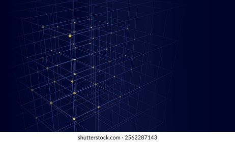 Abstract wireframe cube. Network connection structure. Digital blockchain concept. Futuristic blue background with dots and lines. Vector illustration.