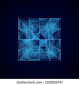 Abstract wireframe cube whith connection dots and lines. Digital blockchain concept and data transfer system. Storage cells of datas. Vector illustration.