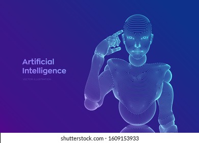 Abstract wireframe female cyborg or robot holds a finger near the head and thinks or computes using her artificial intelligence. AI and Machine learning technology concept. Vector illustration.
