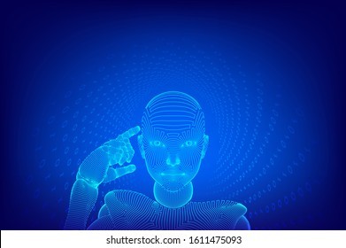 Abstract wireframe female cyborg or robot holds a finger near the head and thinks or computes using her artificial intelligence. AI and Machine learning technology concept. Vector illustration.