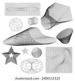 Abstract wireframe figure drawings set isolated on white background. Vector illustration of 3D grid symbols, y2k mesh globe, star, cone, torus, landscape structure, terrain pattern model design