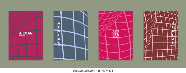 Abstract wireframe flyer template with visual distortion effect. Optical art background. Warped 3D space. Futuristic vector illustration with grid on flat colored background