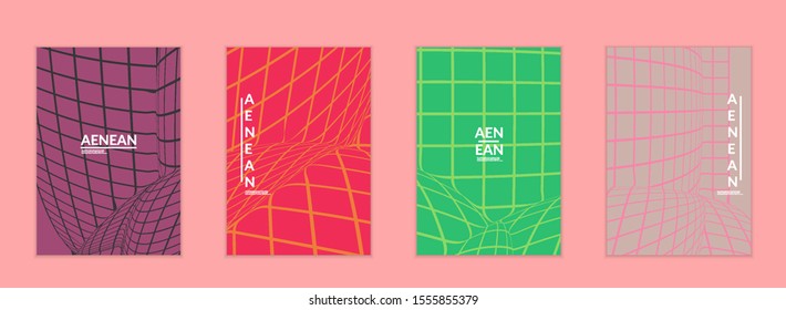 Abstract wireframe flyer template with visual distortion effect. Optical art background. Warped 3D space. Futuristic vector illustration with grid on flat colored background