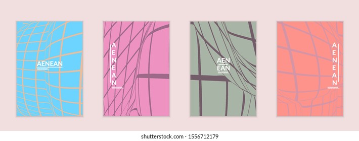 Abstract wireframe flyer template with visual distortion effect. Optical art background. Warped 3D space. Futuristic vector illustration with grid on flat colored background