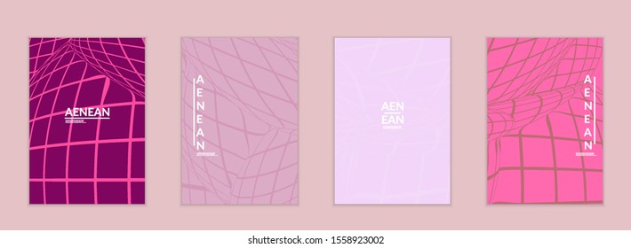 Abstract wireframe flyer template with visual distortion effect. Optical art background. Warped 3D space. Futuristic vector illustration with grid on flat colored background