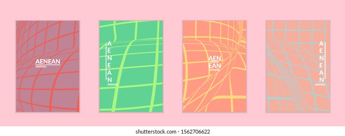 Abstract wireframe flyer template with visual distortion effect. Optical art background. Warped 3D space. Futuristic vector illustration with grid on flat colored background