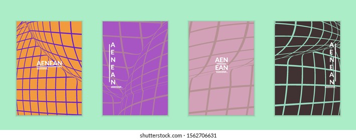 Abstract wireframe flyer template with visual distortion effect. Optical art background. Warped 3D space. Futuristic vector illustration with grid on flat colored background