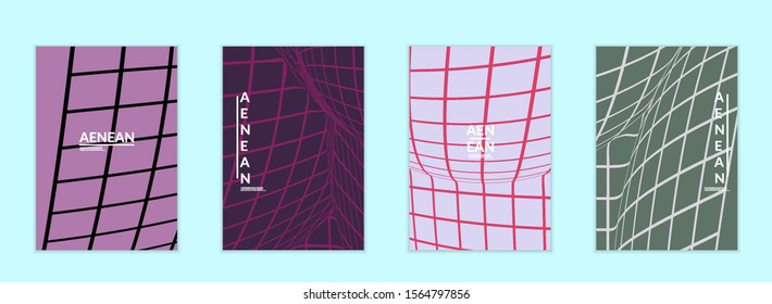 Abstract wireframe flyer template with visual distortion effect. Optical art background. Warped 3D space. Futuristic vector illustration with grid on flat colored background