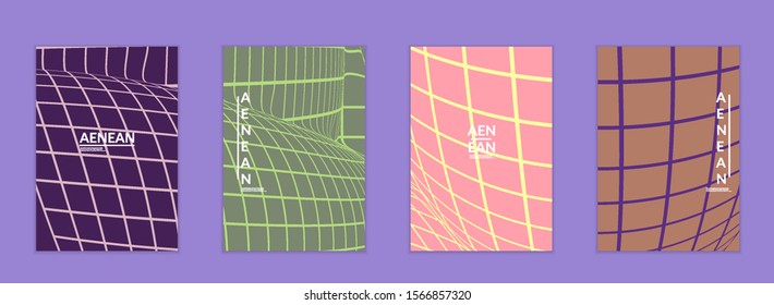 Abstract wireframe flyer template with visual distortion effect. Optical art background. Warped 3D space. Futuristic vector illustration with grid on flat colored background