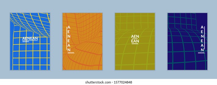 Abstract wireframe flyer template with visual distortion effect. Optical art background. Warped 3D space. Futuristic vector illustration with grid on flat colored background