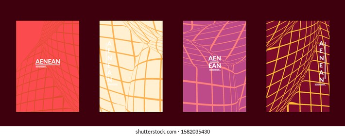 Abstract wireframe flyer template with visual distortion effect. Optical art background. Warped 3D space. Futuristic vector illustration with grid on flat colored background