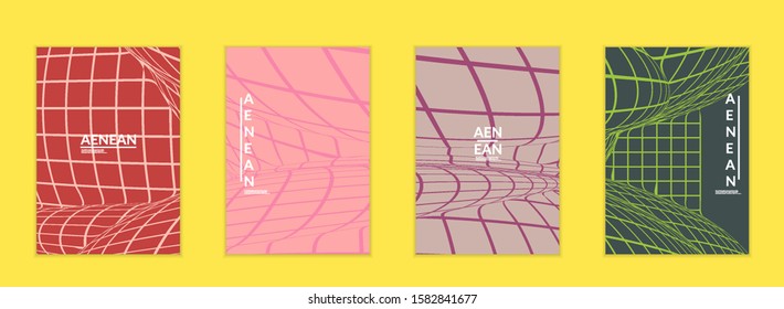 Abstract wireframe flyer template with visual distortion effect. Optical art background. Warped 3D space. Futuristic vector illustration with grid on flat colored background