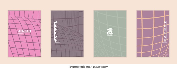 Abstract wireframe flyer template with visual distortion effect. Optical art background. Warped 3D space. Futuristic vector illustration with grid on flat colored background
