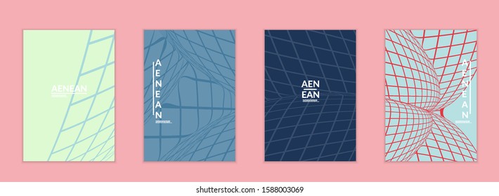 Abstract wireframe flyer template with visual distortion effect. Optical art background. Warped 3D space. Futuristic vector illustration with grid on flat colored background