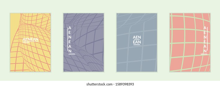 Abstract wireframe flyer template with visual distortion effect. Optical art background. Warped 3D space. Futuristic vector illustration with grid on flat colored background