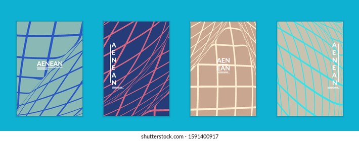 Abstract wireframe flyer template with visual distortion effect. Optical art background. Warped 3D space. Futuristic vector illustration with grid on flat colored background