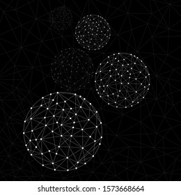 Abstract wireframe globes, network connections with dots and lines isolated on black background. Vector illustration