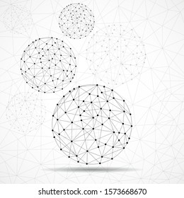 Globos de wireframe abstratos, conexões de rede com pontos e linhas isoladas no fundo branco. Ilustração vetorial
