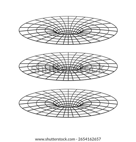 Abstract wireframe gravity wells in space-time grid illustration showing curvature distortion in black holes