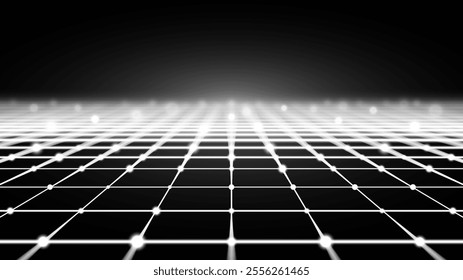 Abstract wireframe grid background. Futuristic 3D digital landscape with cyber surface in perspective fading into void with DOF effect. Retro virtual reality backdrop illustration