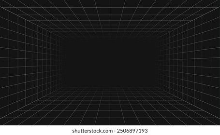 abstract wireframe grid line room perspective dark background vector 