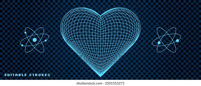 Forma Abstractas del corazón del wireframe con la rejilla 3D, con diseño futurista de la malla. Rodeada de símbolos atómicos de estilo cyberpunk, la Imagen inspirada en Y2K integra tecnología y geometría.