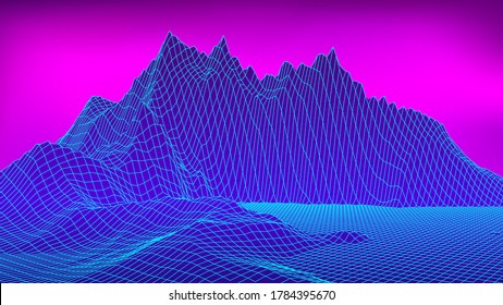 Abstract wireframe landscape 1980s style. Retro futuristic vector grid. Technology neon background with mountains.