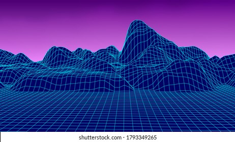 Resumen del estilo del marco alambrado de los años 80. Cuadrícula vectorial retro futurista. Tecnología de fondo neón con montañas.