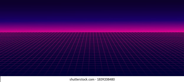 Resumen del estilo del marco alambrado de los años 80. Cuadrícula vectorial retro futurista. Fondo tecnológico neón.