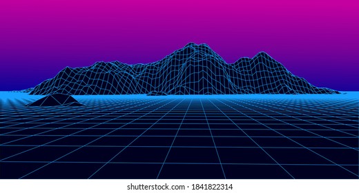 Abstract Wireframe Landscape 1980s Style. Retro Futuristic Vector Grid. Technology Neon Background With Mountains.