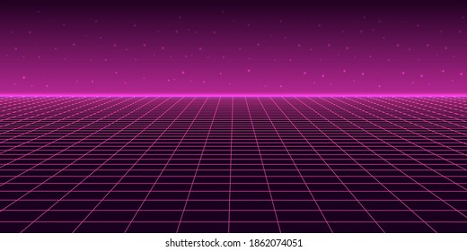 Abstract wireframe landscape 1980s style. Retro futuristic vector grid. Technology neon background.