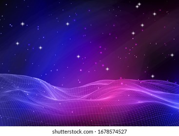 Abstract wireframe landscape against a galaxy sky
