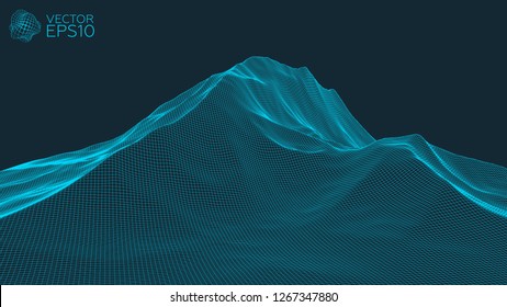 Abstract wireframe landscape background. Wireframe 3D landscape mountains. Abstract vector background for presentations. Network cyber technology. Futuristic 3D cartography. Vector illustration.