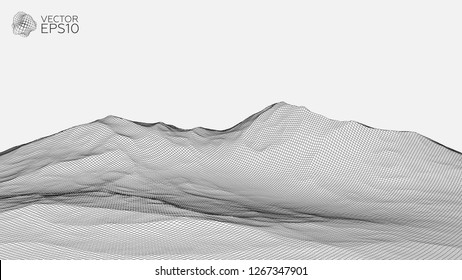 Abstract wireframe landscape background. Wireframe 3D landscape mountains. Abstract vector background for presentations. Network cyber technology. Futuristic 3D cartography. Vector illustration.