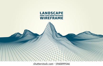 Abstract wireframe landscape background. 3D mesh technology illustration. An array of lines and their intersections. Relief of digital cyberspace in mountains with valleys. Data array. Vector.