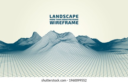 Abstract wireframe landscape background. 3D mesh technology illustration. An array of lines and their intersections. Relief of digital cyberspace in mountains with valleys. Data array. Vector.