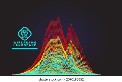 Abstract wireframe landscape background. 3D mesh technology, vector illustration isolated. Multicolor on a black background. Digital cyberspace relief in mountains, dataset. Wide size.