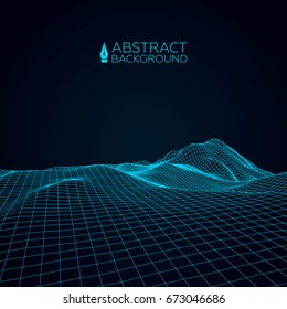 Abstract wireframe landscape background. Wireframe 3D landscape mountains. Abstract vector background for presentations. Network cyber technology. Futuristic 3D wireframe cartography.