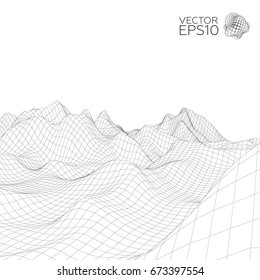 Abstract wireframe landscape background. Wireframe 3D landscape mountains. Abstract vector background for presentations. Network cyber technology. Futuristic 3D wireframe cartography.