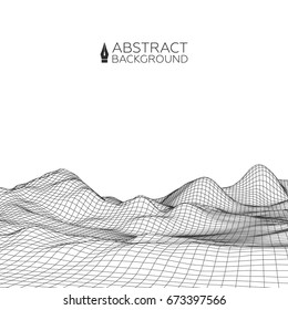 Abstract wireframe landscape background. Wireframe 3D landscape mountains. Abstract vector background for presentations. Network cyber technology. Futuristic 3D wireframe cartography.
