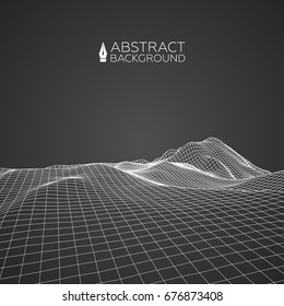 Abstract wireframe landscape background. Wireframe 3D landscape mountains. Abstract vector background for presentations. Network cyber technology. Futuristic 3D wireframe cartography.