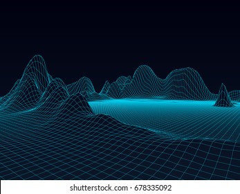 Abstract wireframe landscape background. Wireframe 3D landscape mountains. Abstract vector background for presentations. Network cyber technology. Futuristic 3D wireframe cartography.