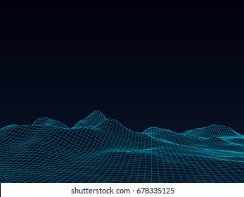 Abstract wireframe landscape background. Wireframe 3D landscape mountains. Abstract vector background for presentations. Network cyber technology. Futuristic 3D wireframe cartography.