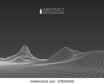 Abstract wireframe landscape background. Wireframe 3D landscape mountains. Abstract vector background for presentations. Network cyber technology. Futuristic 3D cartography.
