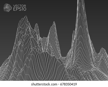 Abstract wireframe landscape background. Wireframe 3D landscape mountains. Abstract vector background for presentations. Network cyber technology. Futuristic 3D cartography.